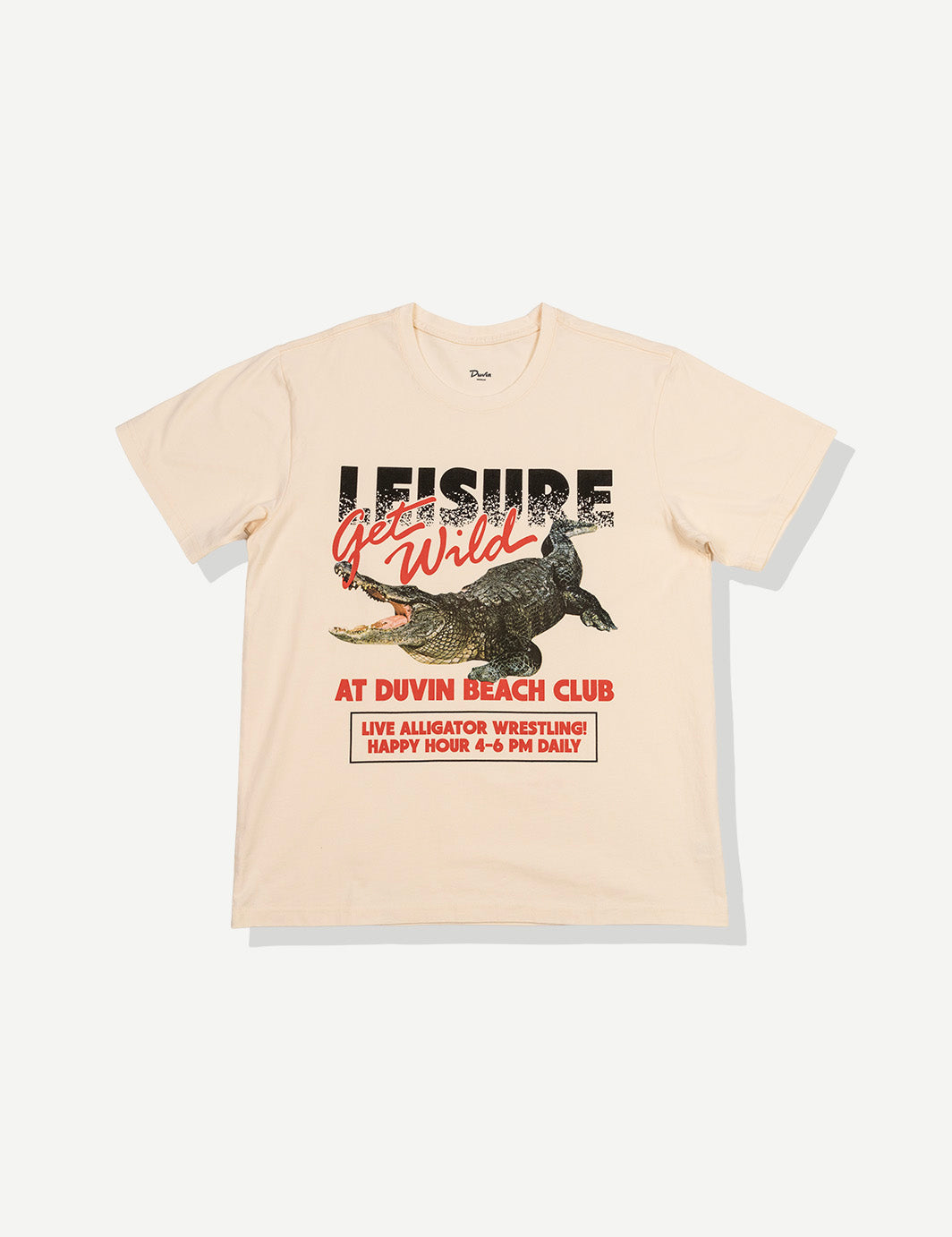 Beige t-shirt with alligator graphic and text on a white background