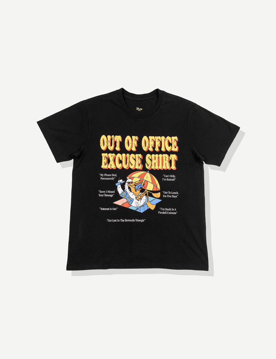 Black t-shirt with colorful PELICAN graphic and text on a white background