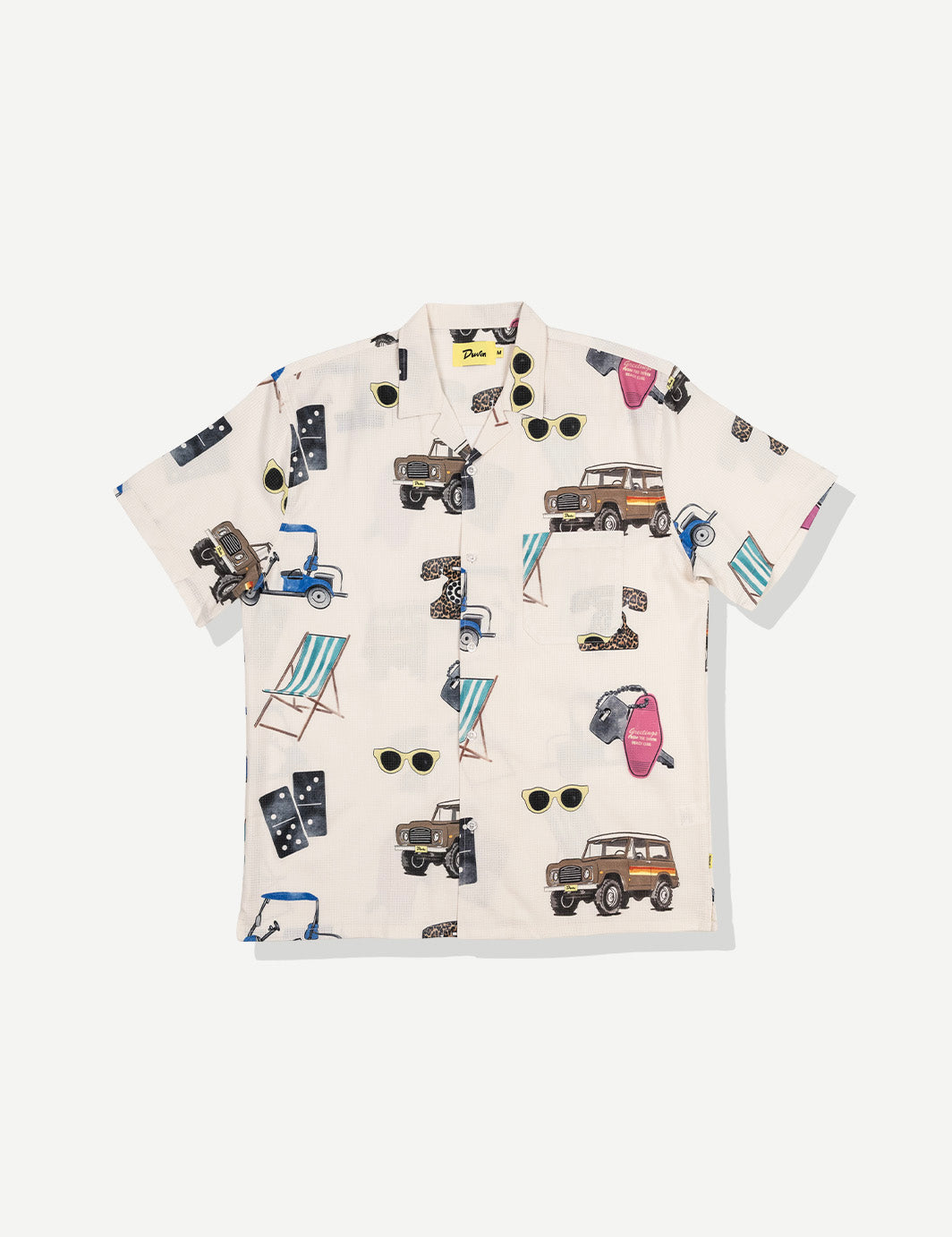 Short-sleeve shirt with travel-themed graphics on a white background