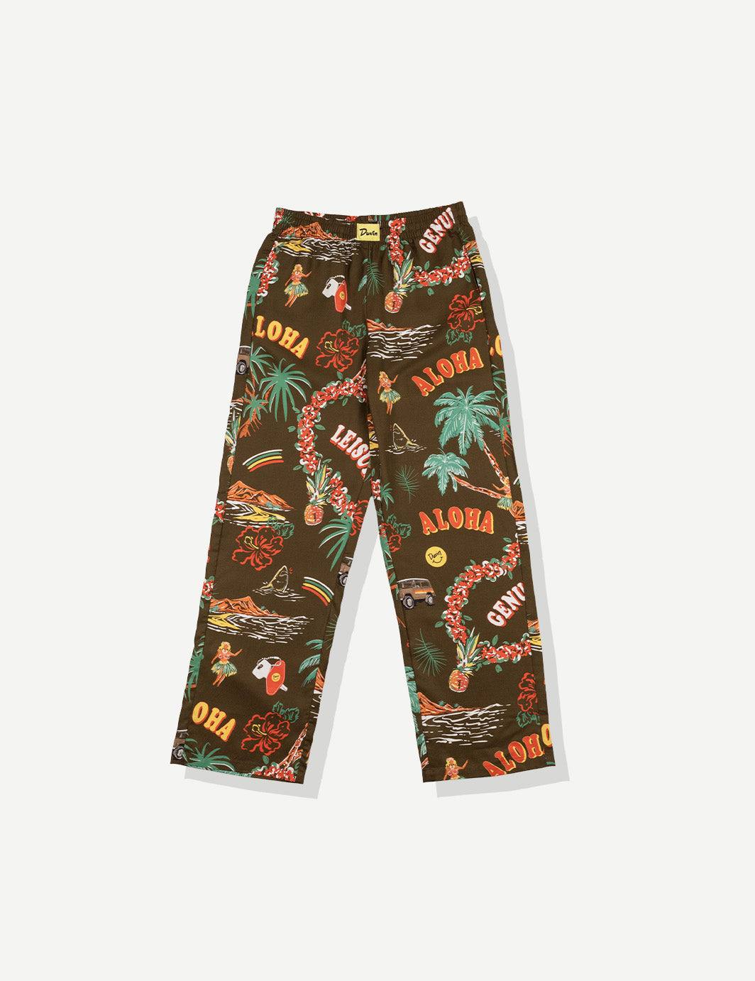 Tropical patterned pants on a white background