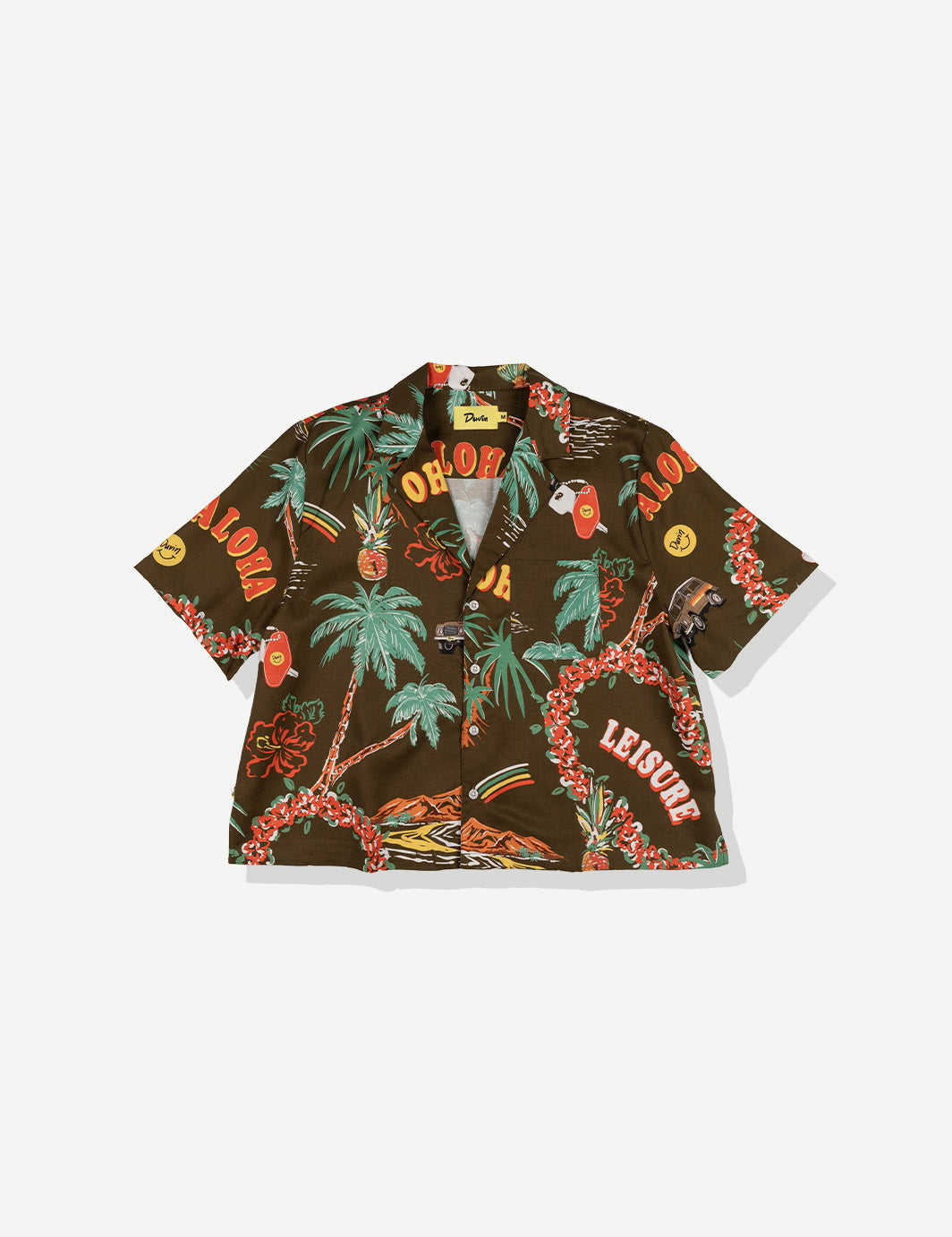 Hawaiian-style shirt with tropical pattern on a white background