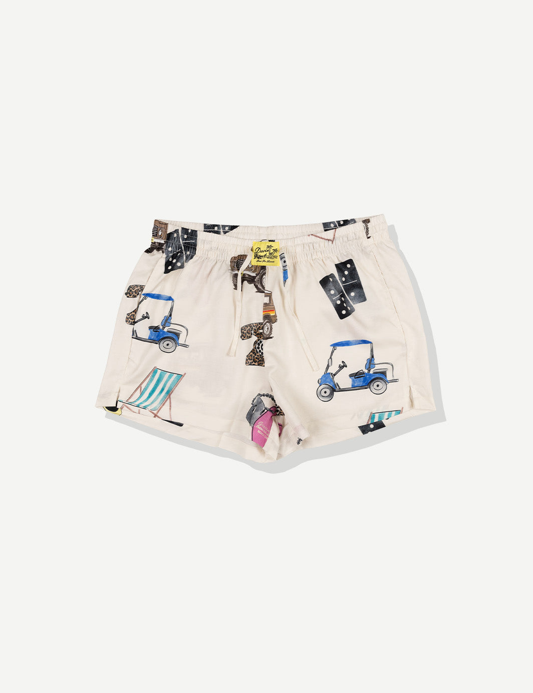 Beige shorts with cartoon print on a white background