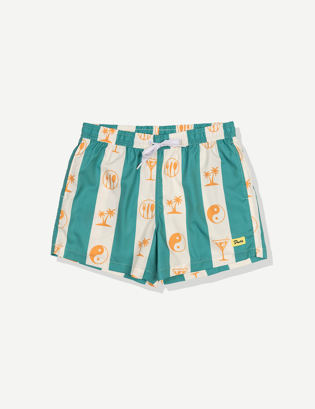 Teal and white striped swim shorts with orange graphics on a light gray background
