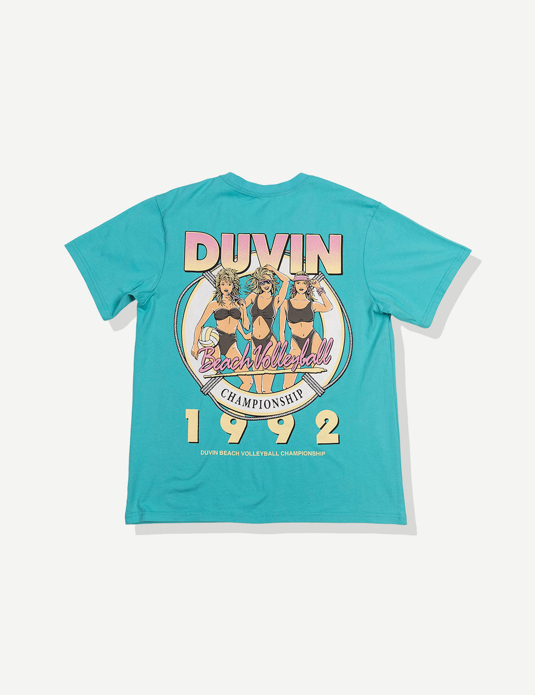 Teal t-shirt with vintage-style graphic and text on a white background