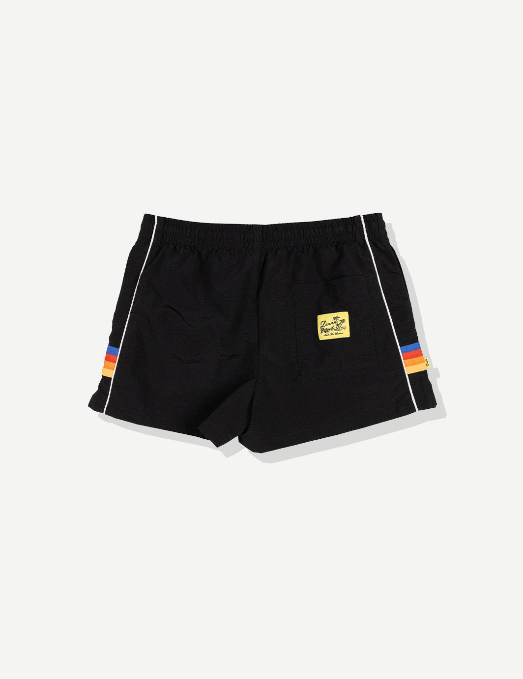 Black shorts with colorful stripes on a white background