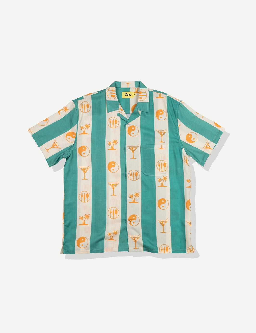 Green and white striped shirt with cocktail pattern on a white background