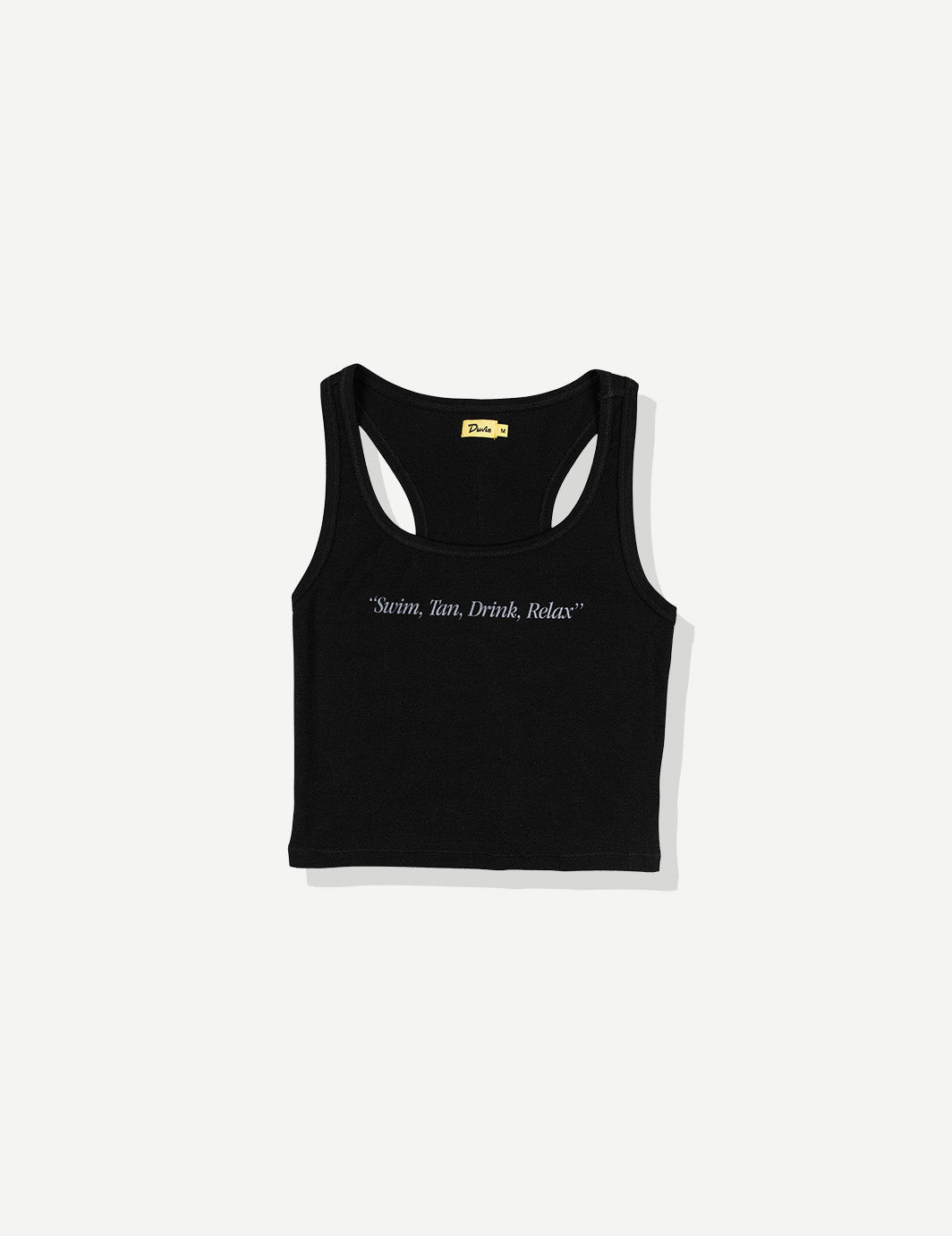 Black tank top with text on a white background