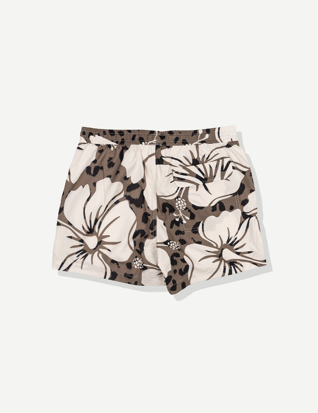 Shorts with floral and leopard print pattern on a white background