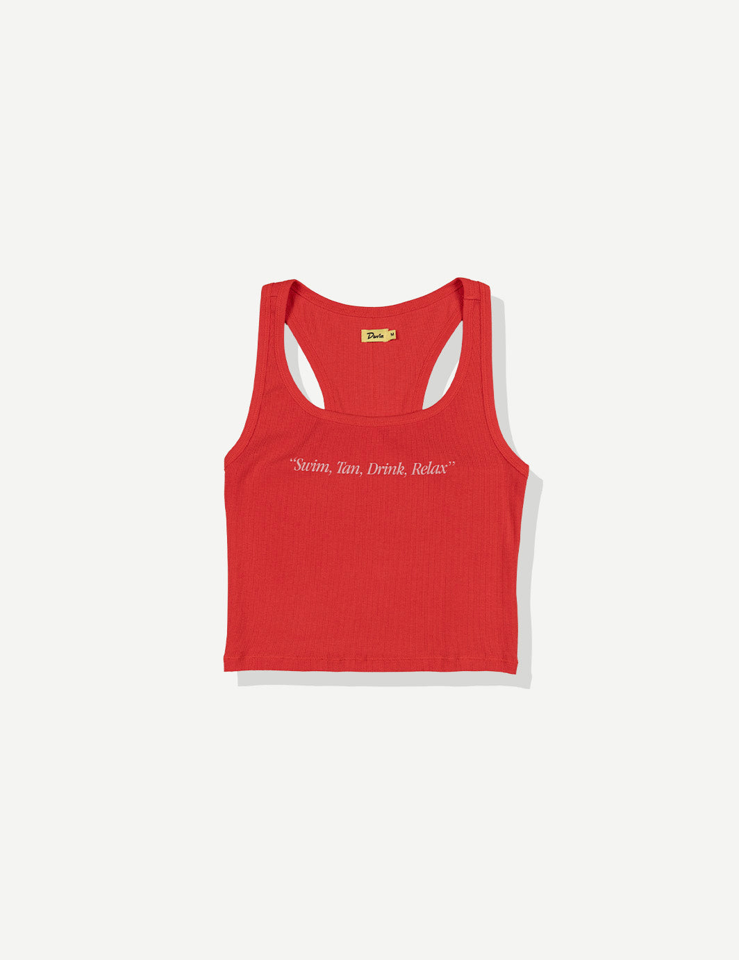 Red tank top with white text on a white background