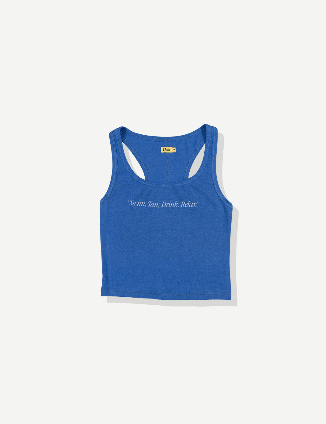 Blue tank top with text on a white background