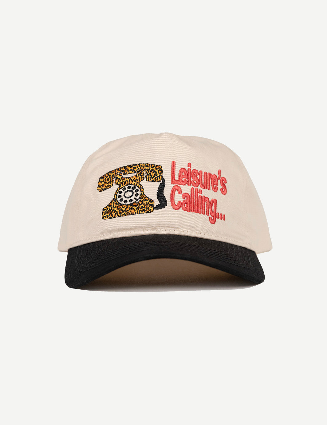 Beige cap with leopard print phone and 'Leisure's Calling' text on a white background